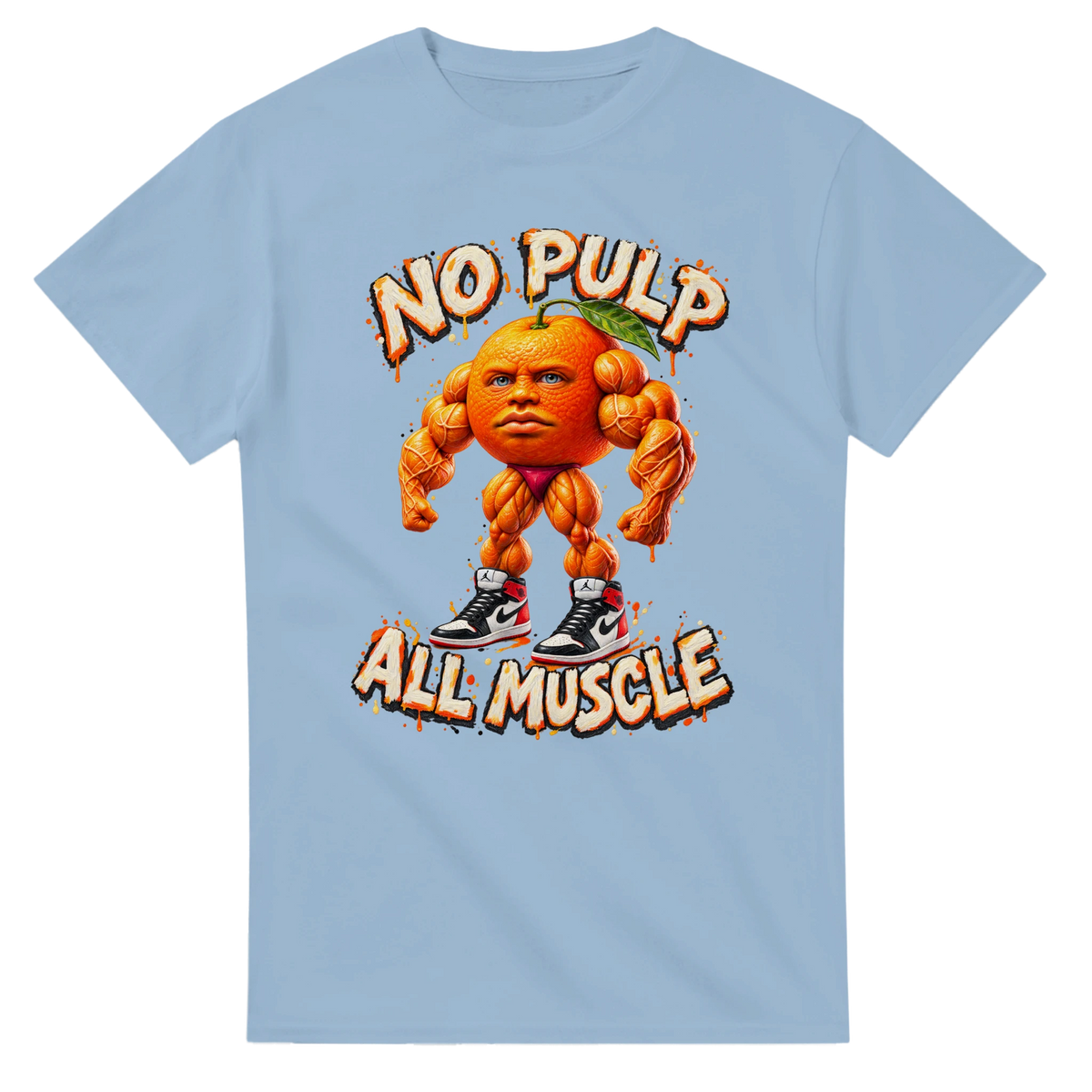 Light Blue t-shirt printed with Odin Din Din Dun and the words No pulp, all muscle, front view