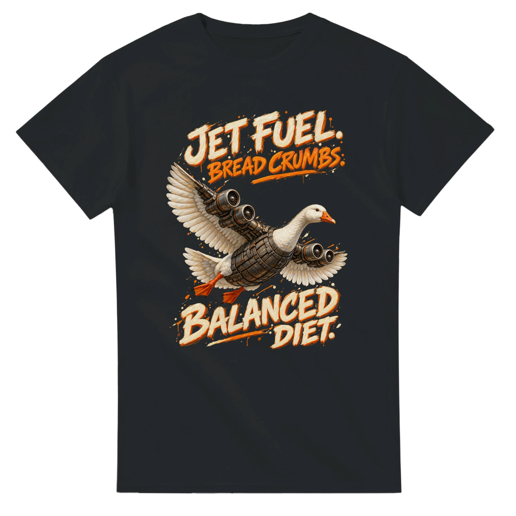 Black t-shirt printed with Bombombini Gusini and the words Jet fuel, bread crumbs, balanced diet, front view