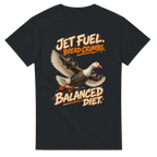 Black t-shirt printed with Bombombini Gusini and the words Jet fuel, bread crumbs, balanced diet, front view