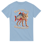 Light Blue t-shirt printed with Trulimero Trulichina and the words Too wet to be a cat, too furry to be a fish, front view