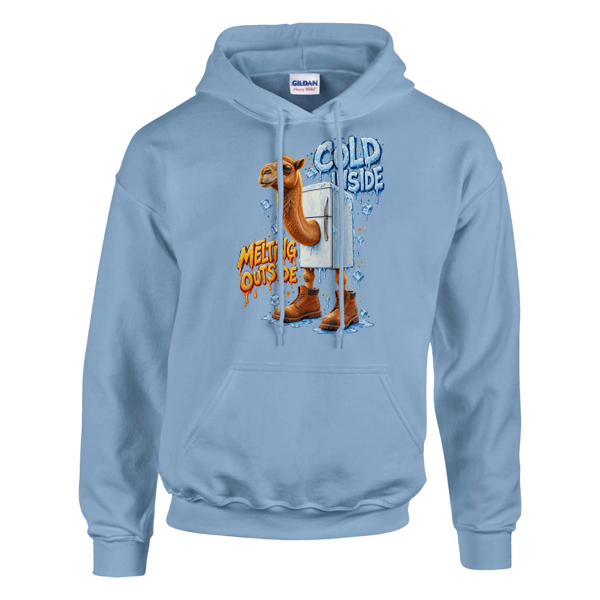 Frigo Camelo print on a light blue pullover hoodie, front view