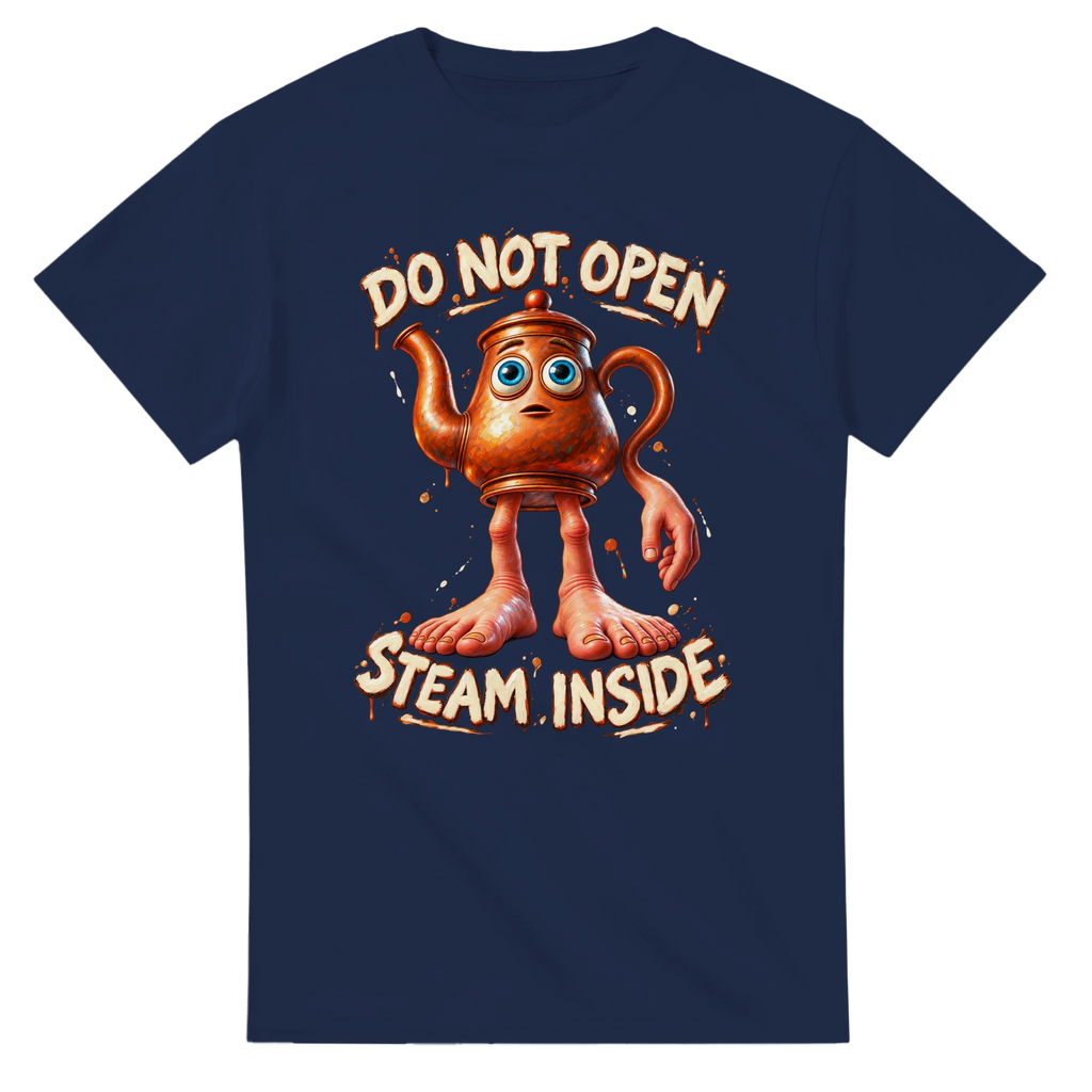 Navy t-shirt printed with Ta Ta Ta Sahur and the words Do not open, steam inside, front view