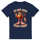 Navy t-shirt printed with Ta Ta Ta Sahur and the words Do not open, steam inside, front view