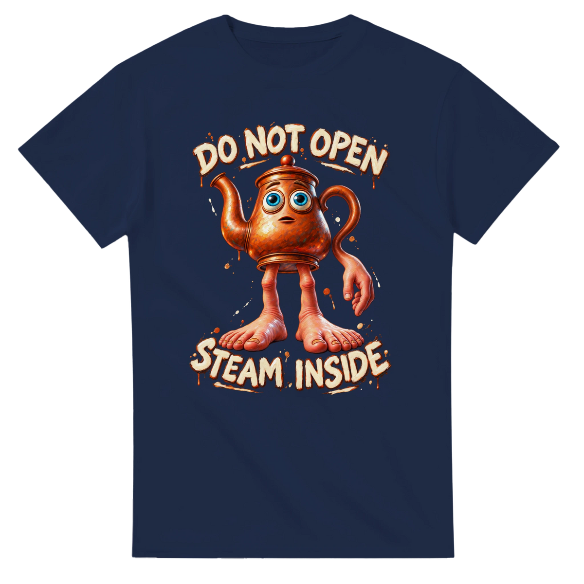 Navy t-shirt printed with Ta Ta Ta Sahur and the words Do not open, steam inside, front view