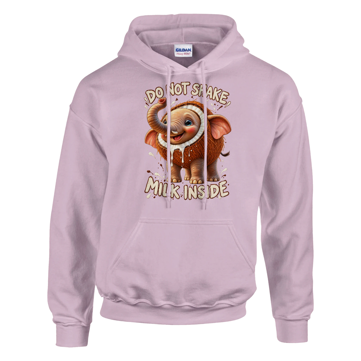 Cocofanto Elefanto print on a light pink pullover hoodie, front view