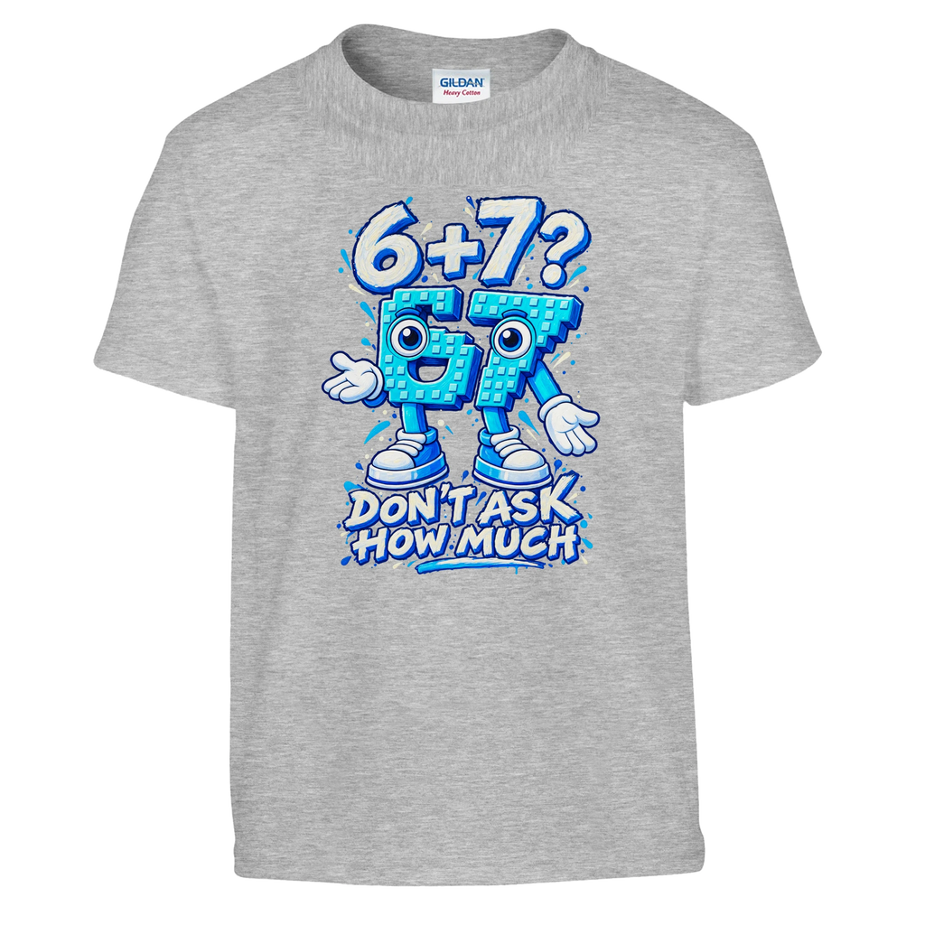 67 print on a sport grey kids t-shirt, front view