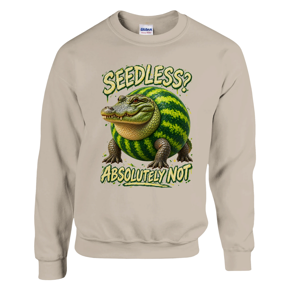 Glorbo Fruttodrillo print on a sand crewneck sweatshirt, front view