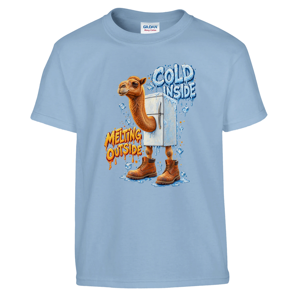 Frigo Camelo print on a light blue kids t-shirt, front view