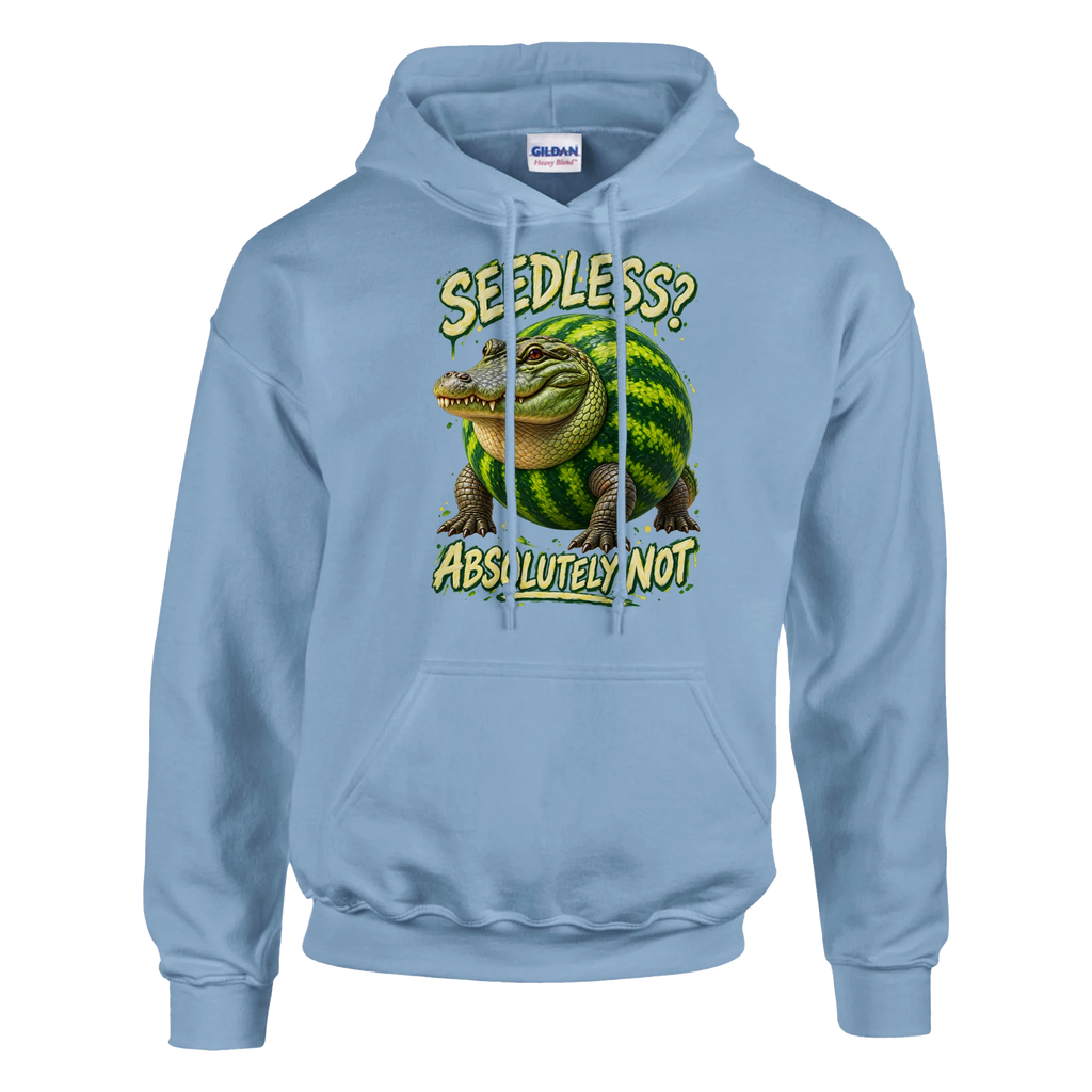 Glorbo Fruttodrillo print on a light blue pullover hoodie, front view