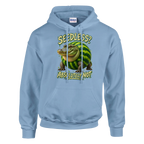Glorbo Fruttodrillo print on a light blue pullover hoodie, front view