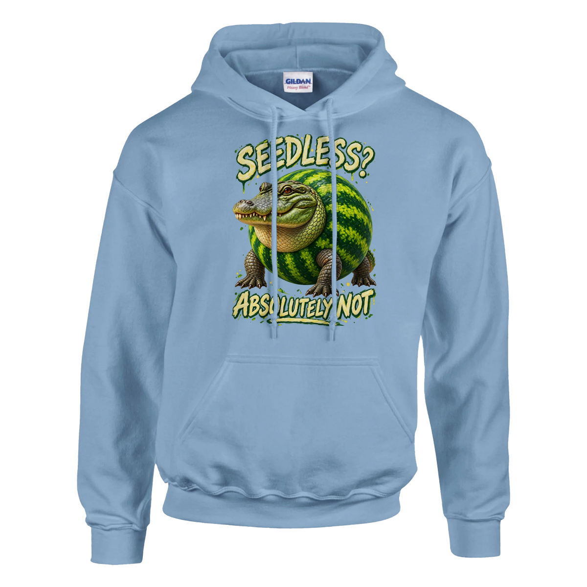Glorbo Fruttodrillo print on a light blue pullover hoodie, front view