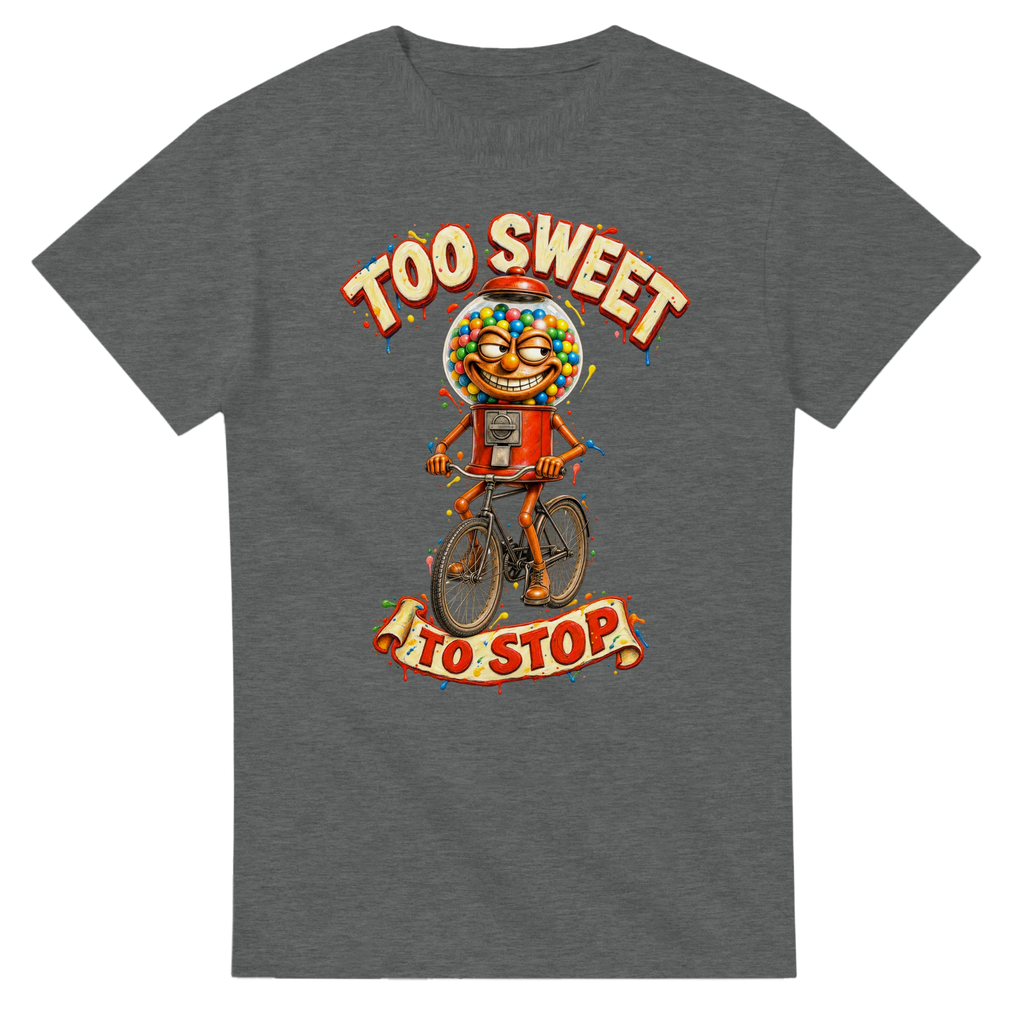Graphite Heather t-shirt printed with Chicleteira Bicicleteira and the words Too sweet to stop, front view