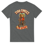 Graphite Heather t-shirt printed with Chicleteira Bicicleteira and the words Too sweet to stop, front view
