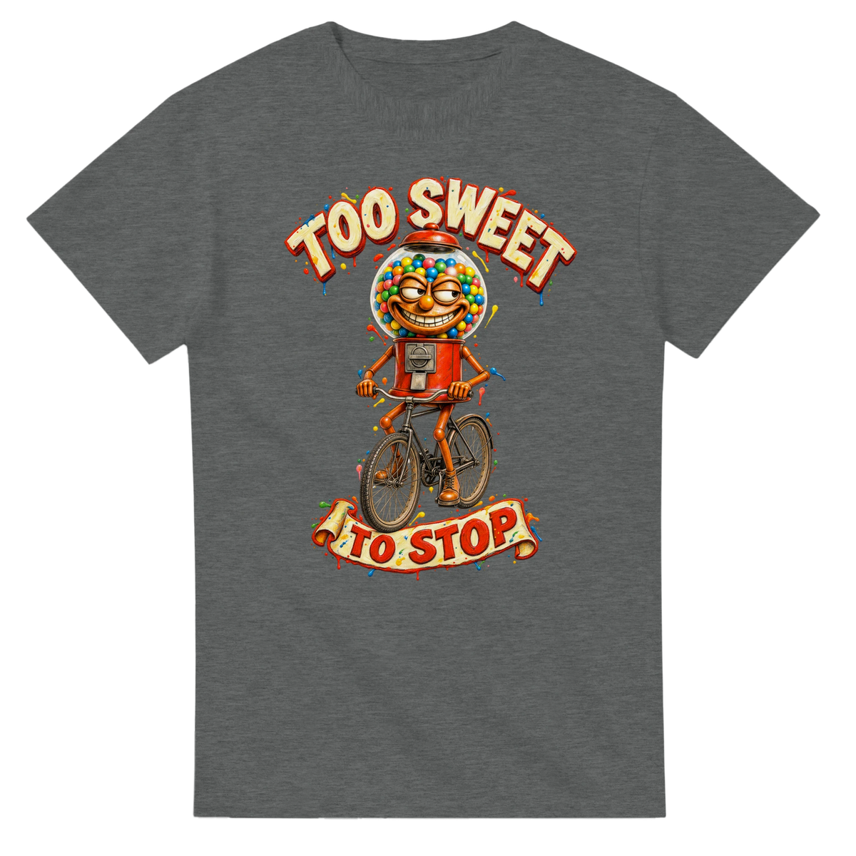 Graphite Heather t-shirt printed with Chicleteira Bicicleteira and the words Too sweet to stop, front view