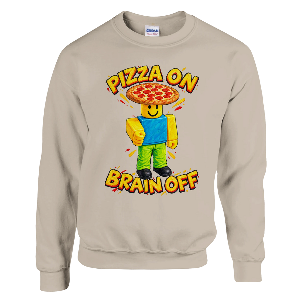 Noobini Pizzanini print on a sand crewneck sweatshirt, front view