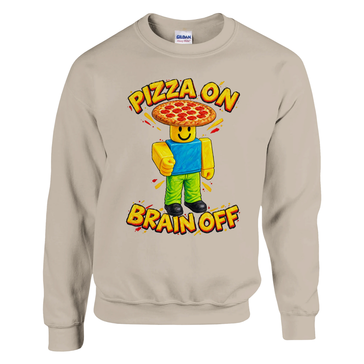Noobini Pizzanini print on a sand crewneck sweatshirt, front view