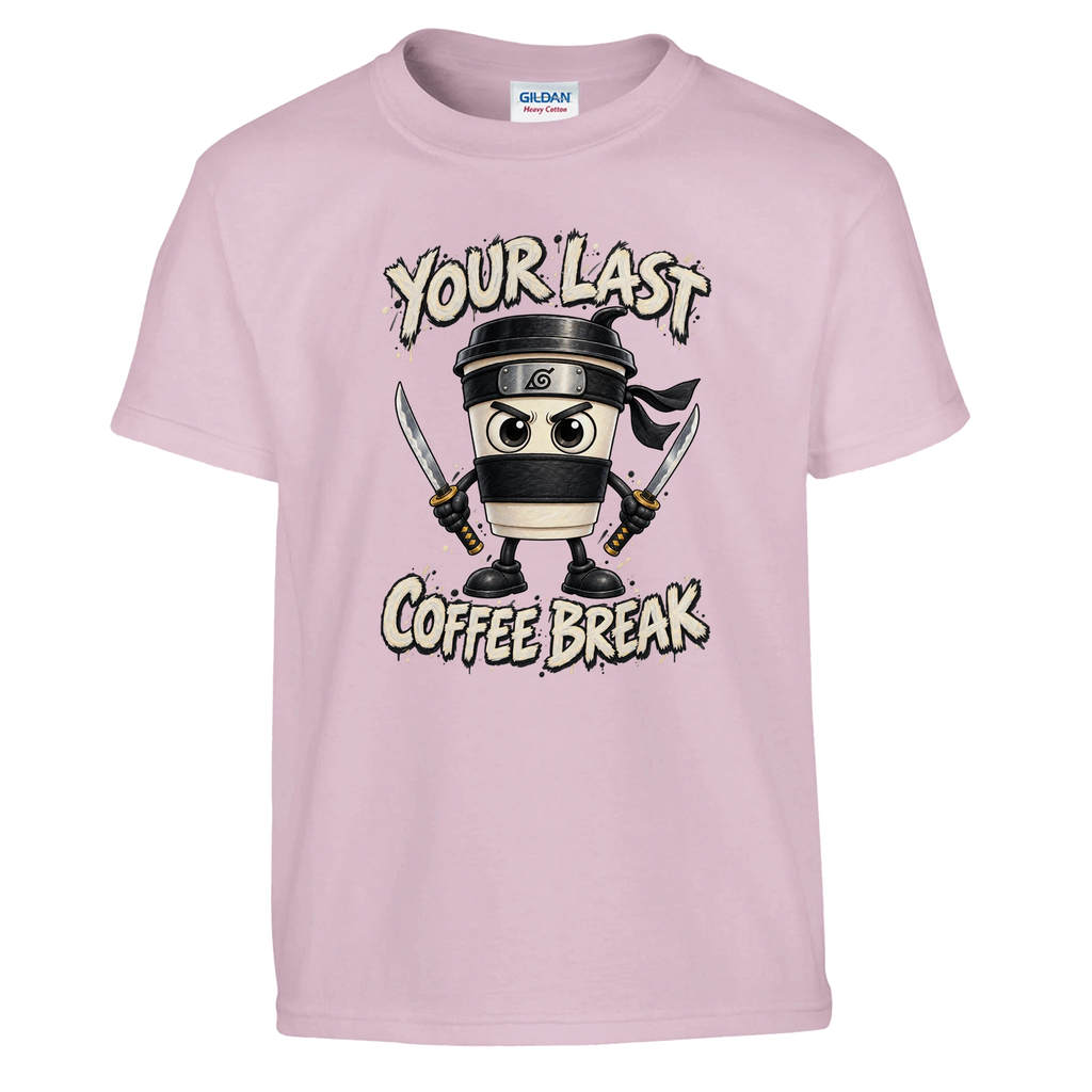 Cappuccino Assassino print on a light pink kids t-shirt, front view