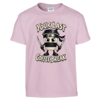 Cappuccino Assassino print on a light pink kids t-shirt, front view