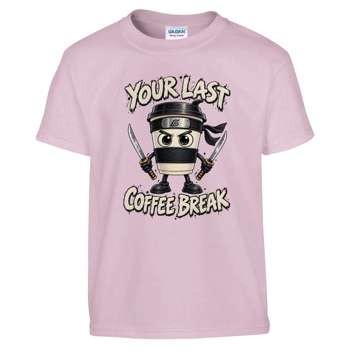 Cappuccino Assassino print on a light pink kids t-shirt, front view