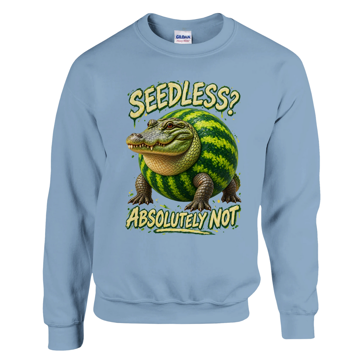Glorbo Fruttodrillo print on a light blue crewneck sweatshirt, front view