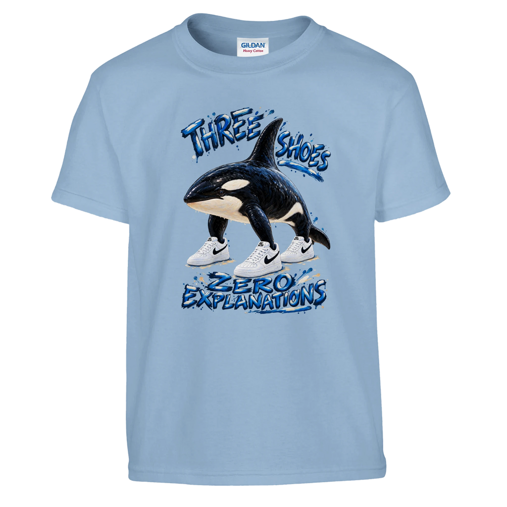 Orcalero Orcala print on a light blue kids t-shirt, front view