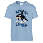 Orcalero Orcala print on a light blue kids t-shirt, front view