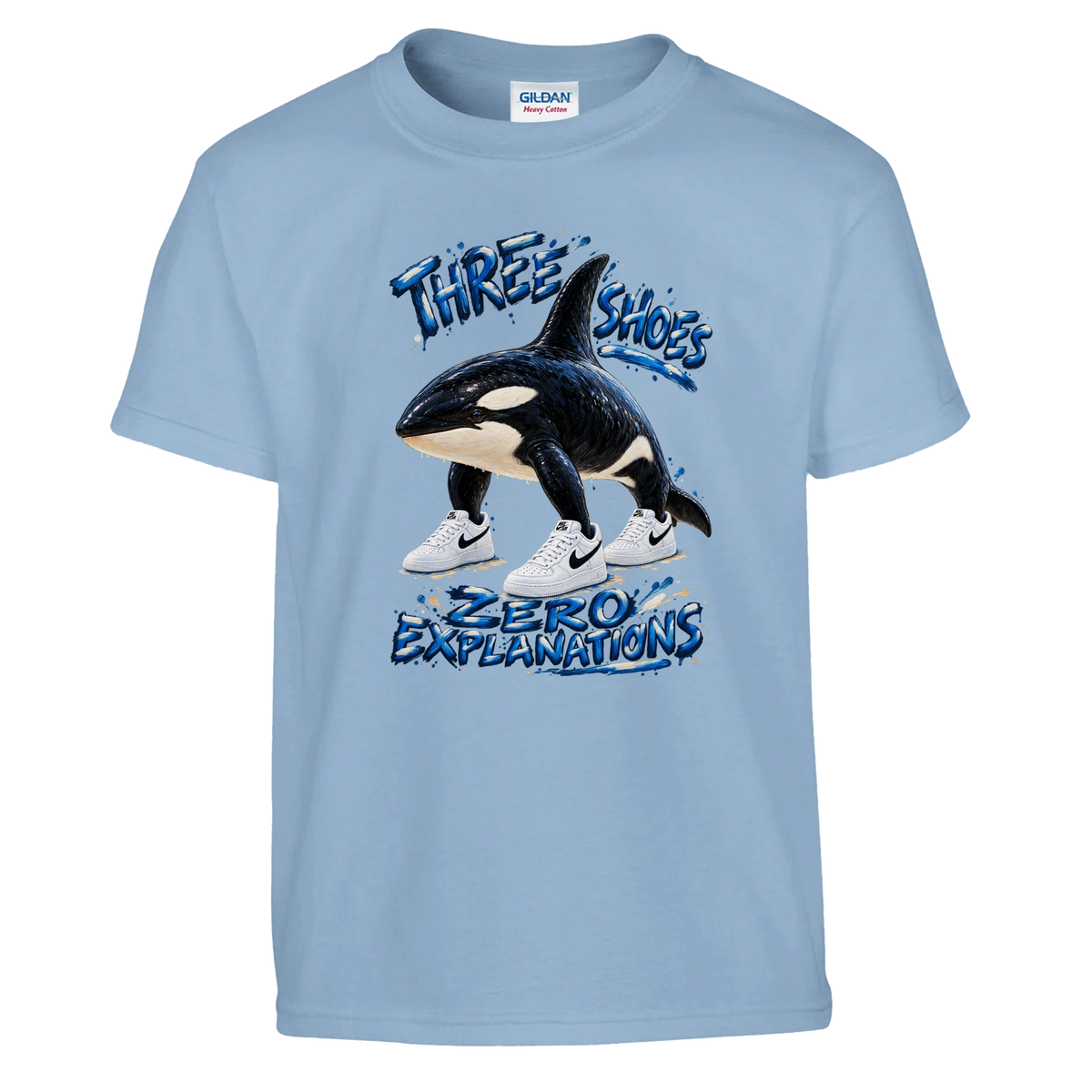 Orcalero Orcala print on a light blue kids t-shirt, front view
