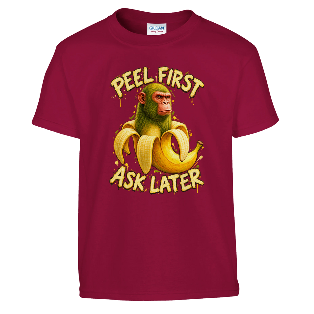 Chimpanzini Bananini print on a cardinal red kids t-shirt, front view