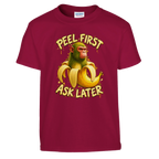 Chimpanzini Bananini print on a cardinal red kids t-shirt, front view