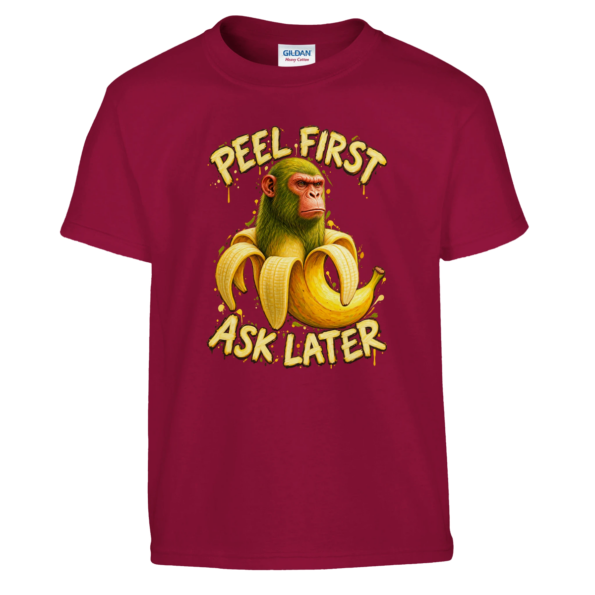 Chimpanzini Bananini print on a cardinal red kids t-shirt, front view