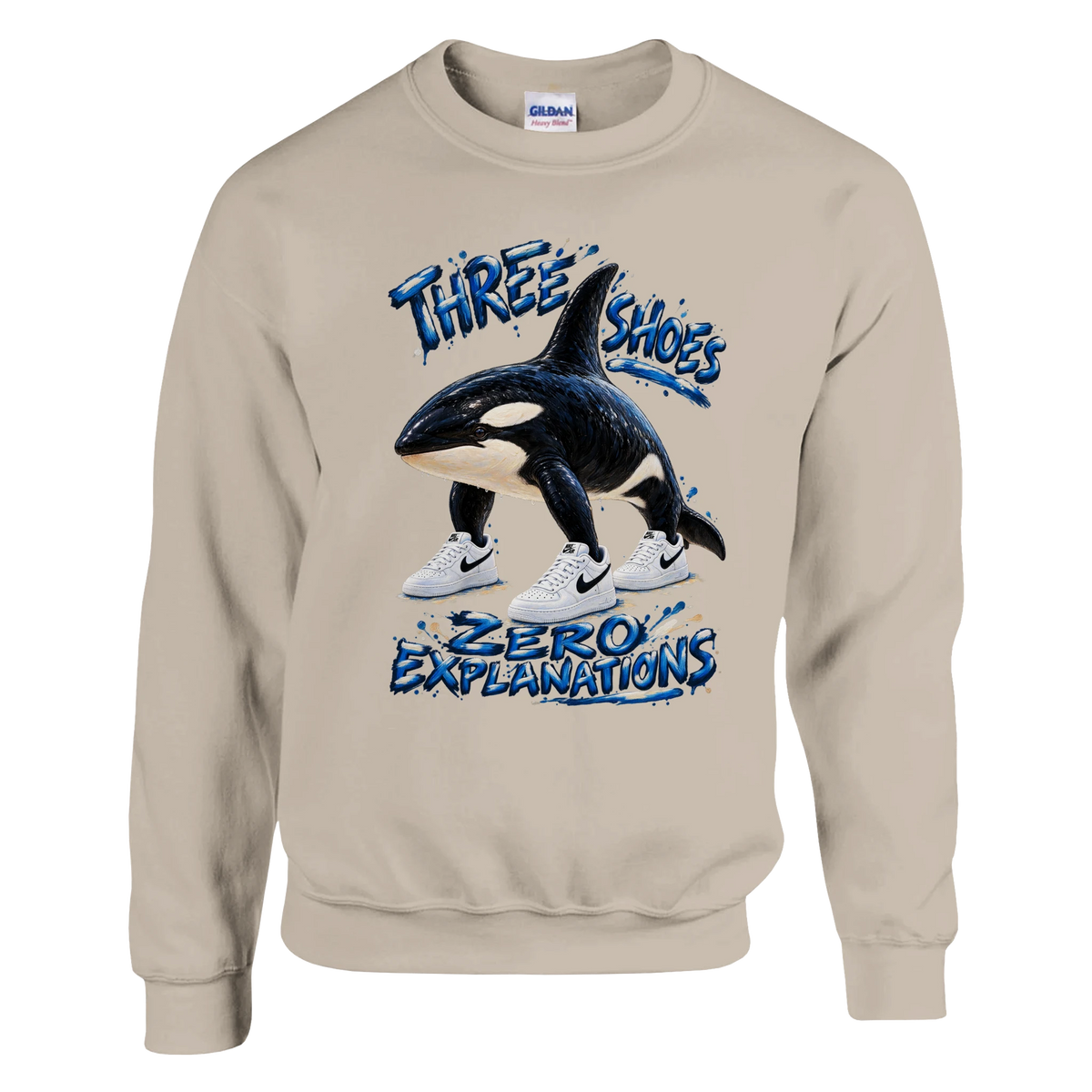 Orcalero Orcala print on a sand crewneck sweatshirt, front view