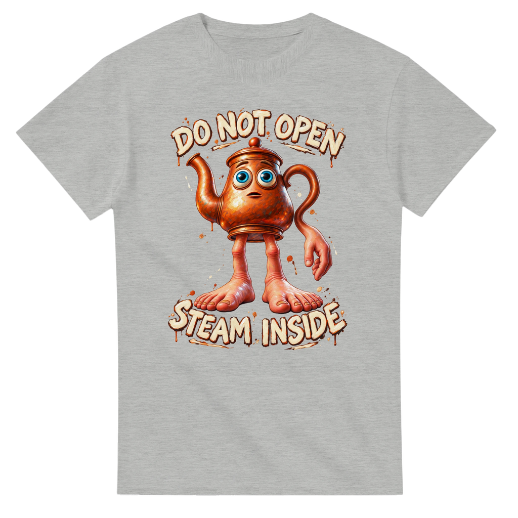 Ash t-shirt printed with Ta Ta Ta Sahur and the words Do not open, steam inside, front view