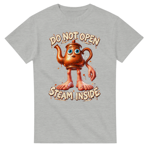 Ash t-shirt printed with Ta Ta Ta Sahur and the words Do not open, steam inside, front view