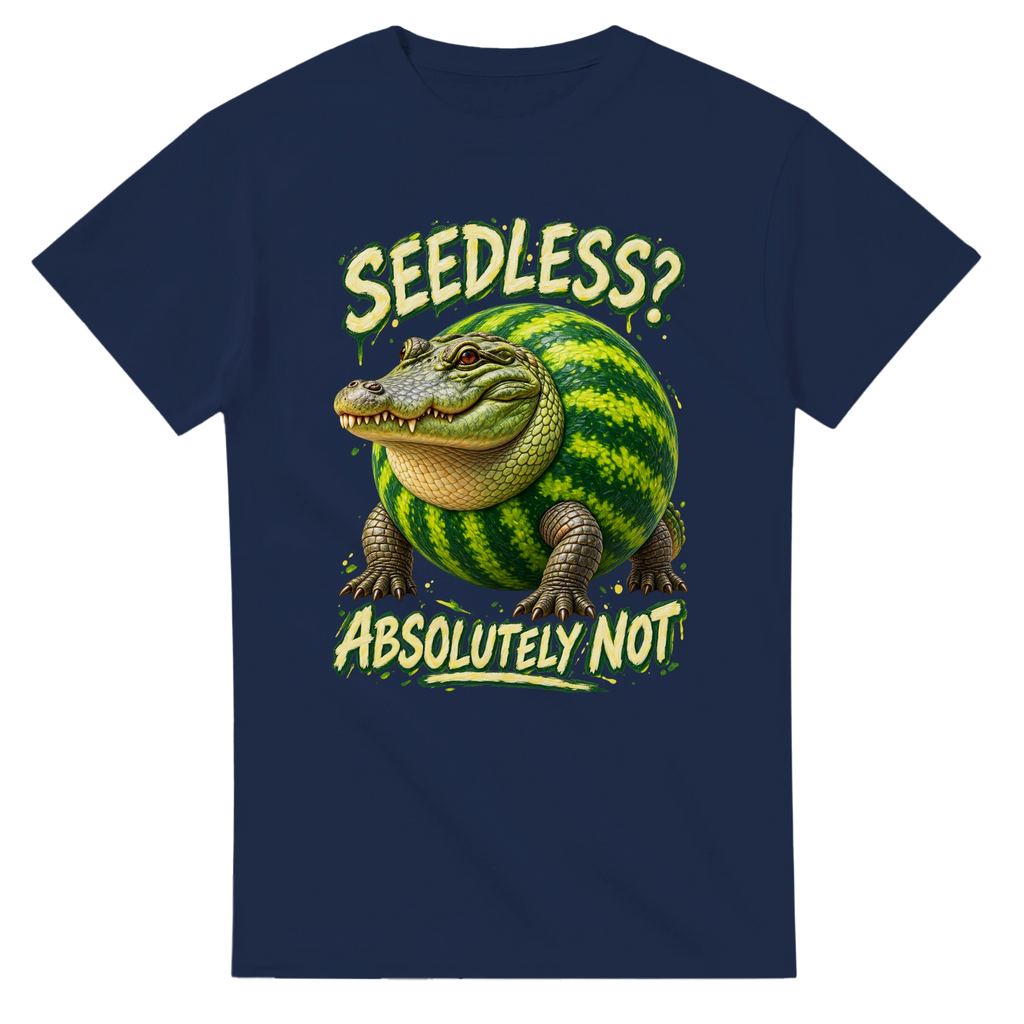 Navy t-shirt printed with Glorbo Fruttodrillo and the words Seedless? Absolutely not, front view