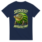 Navy t-shirt printed with Glorbo Fruttodrillo and the words Seedless? Absolutely not, front view