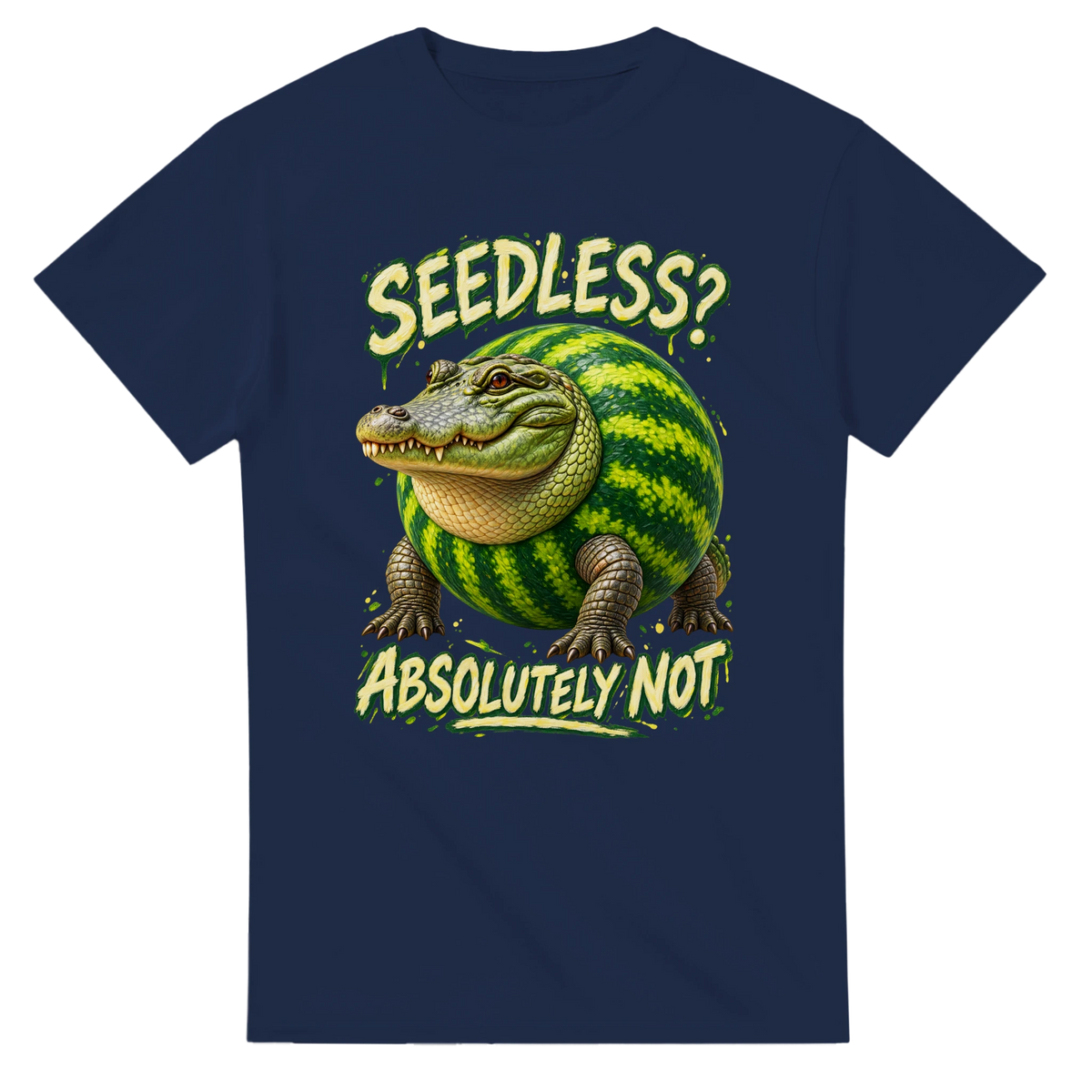 Navy t-shirt printed with Glorbo Fruttodrillo and the words Seedless? Absolutely not, front view