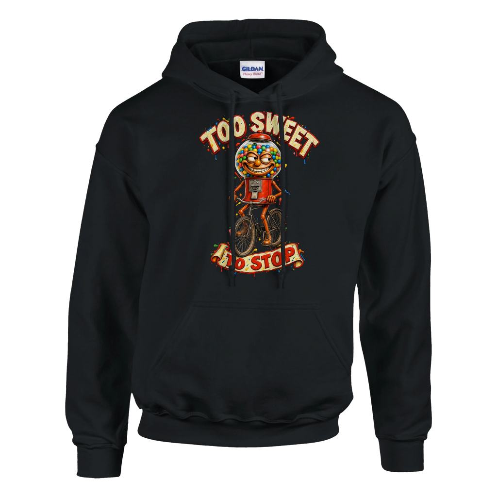 Chicleteira Bicicleteira print on a black pullover hoodie, front view