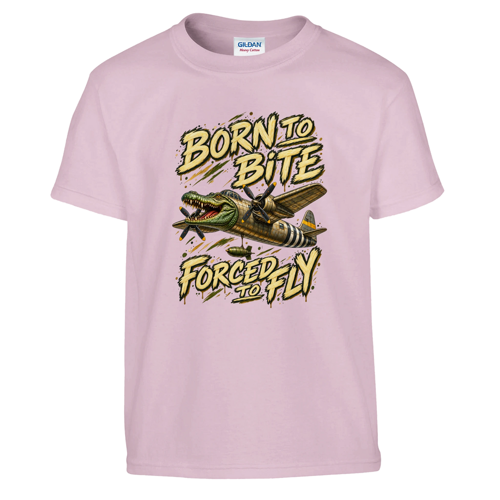 Bombardino Crocodilo print on a light pink kids t-shirt, front view