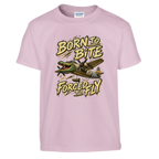 Bombardino Crocodilo print on a light pink kids t-shirt, front view
