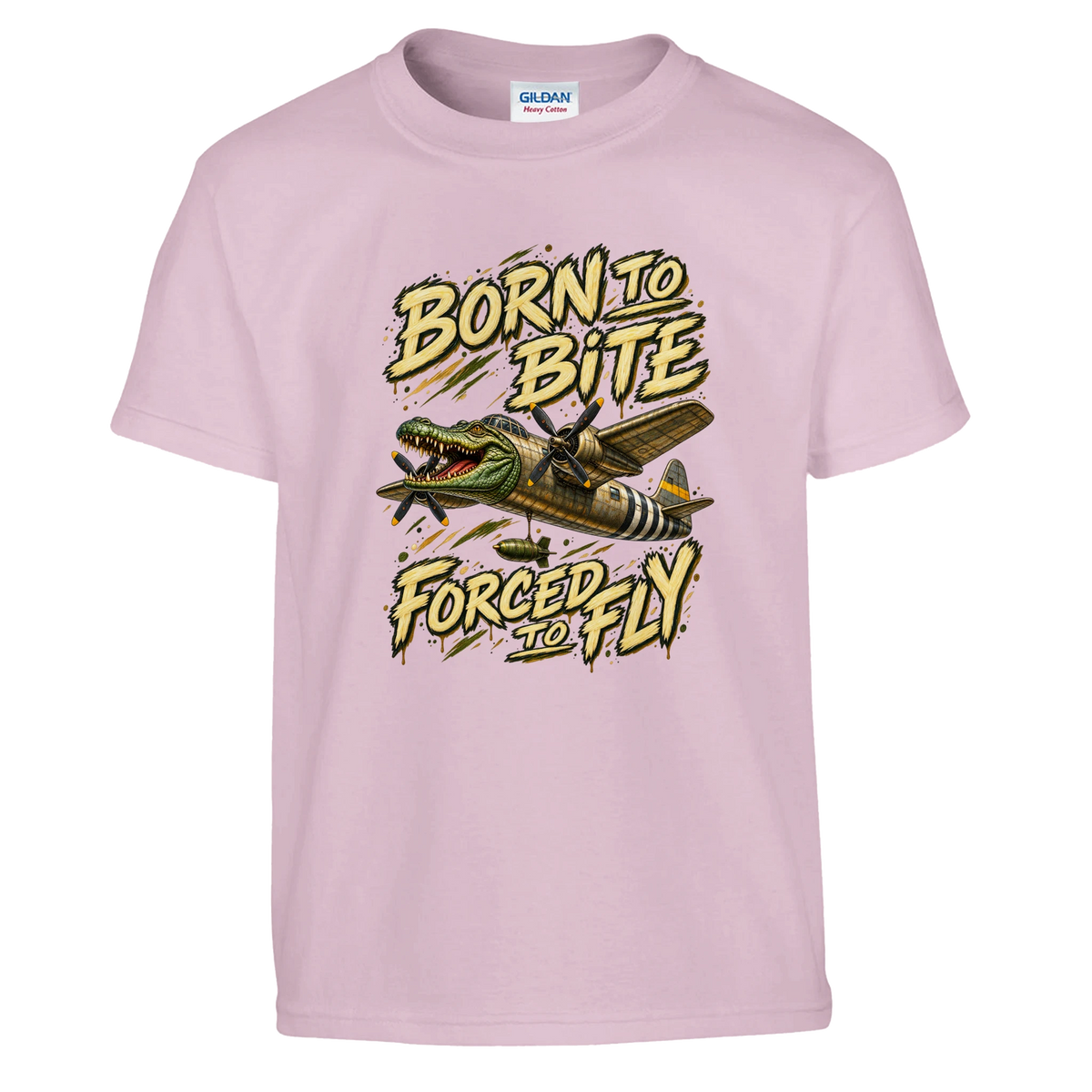 Bombardino Crocodilo print on a light pink kids t-shirt, front view