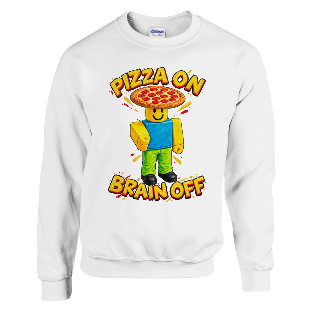 Noobini Pizzanini print on a white crewneck sweatshirt, front view