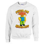 Noobini Pizzanini print on a white crewneck sweatshirt, front view