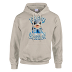 Los Tralaleritos print on a sand pullover hoodie, front view