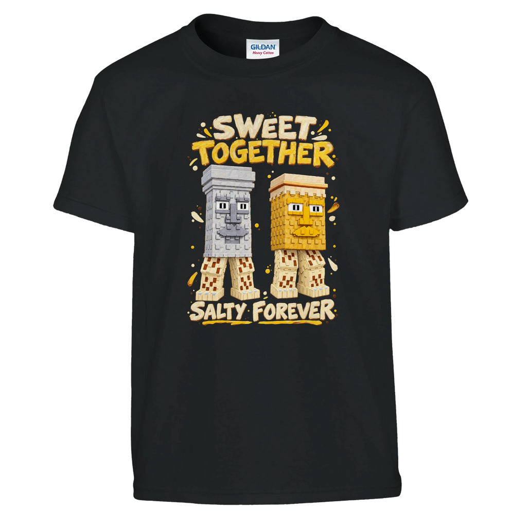 Garama and Madundung print on a black kids t-shirt, front view