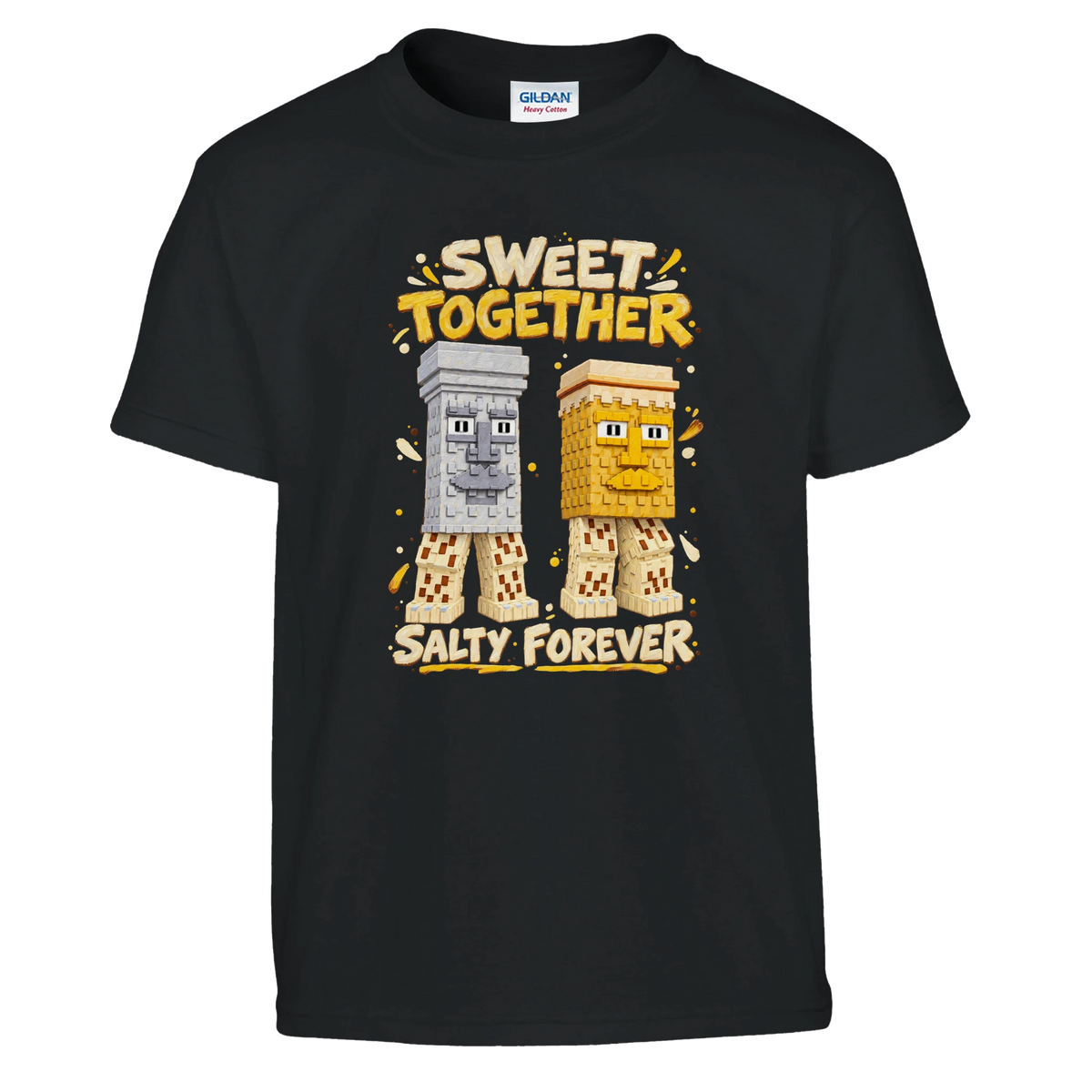 Garama and Madundung print on a black kids t-shirt, front view