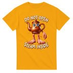 Gold t-shirt printed with Ta Ta Ta Sahur and the words Do not open, steam inside, front view