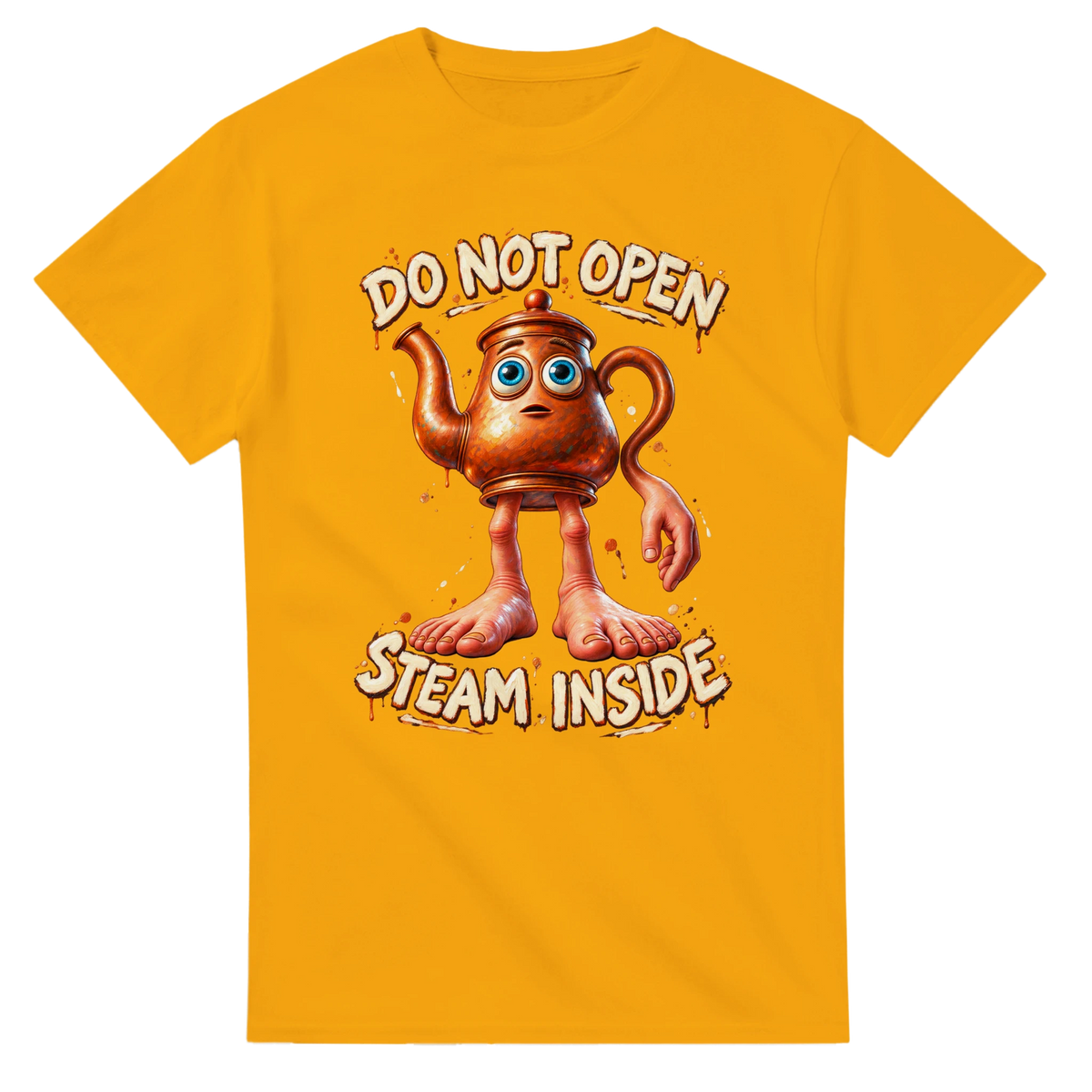 Gold t-shirt printed with Ta Ta Ta Sahur and the words Do not open, steam inside, front view