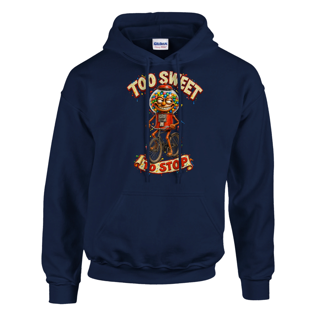 Chicleteira Bicicleteira print on a navy pullover hoodie, front view