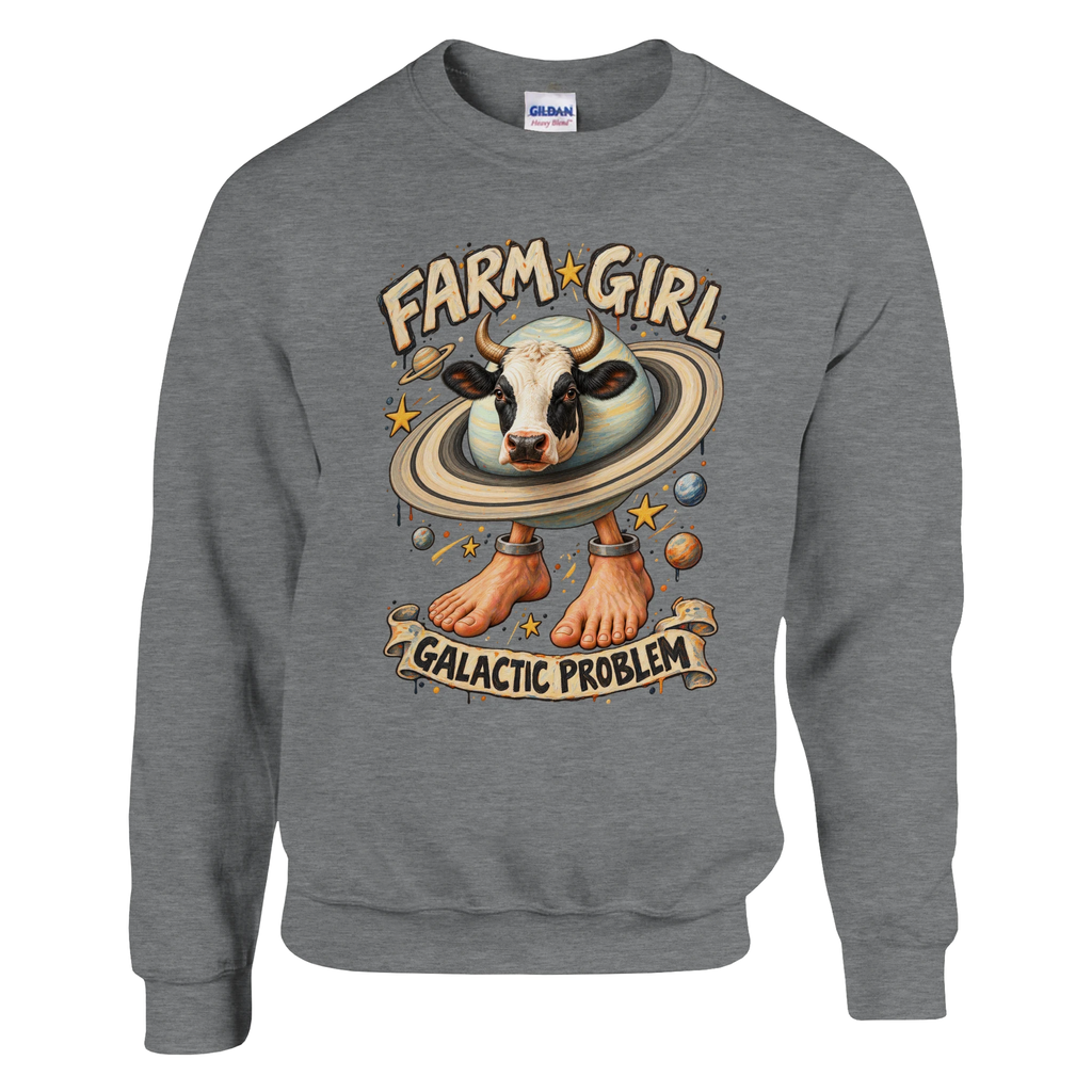 La Vaca Saturno Saturnita print on a sport grey crewneck sweatshirt, front view