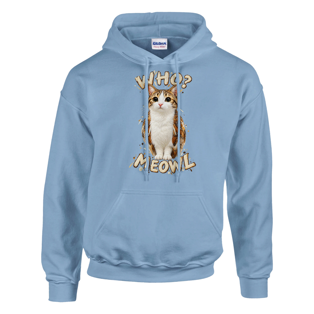 Meowl print on a light blue pullover hoodie, front view